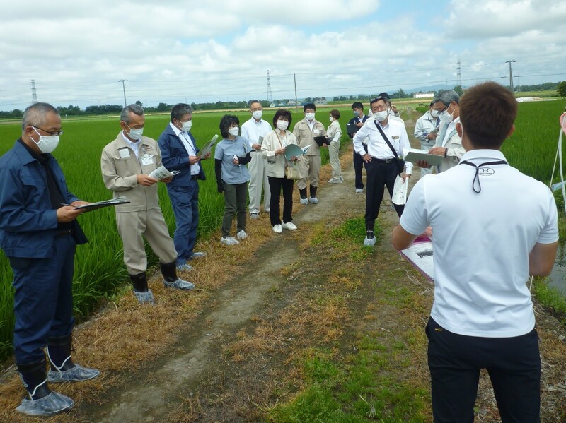 写真2 水稲直播栽培の説明を行う谷村専門普及指導員（右から1番目）。